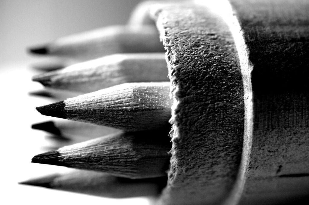 Artistic black and white close-up of pencils in a wooden holder showcasing texture and detail.